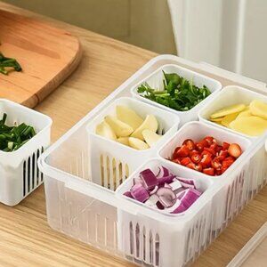 6-in-1 Kitchen Storage Box, 6 Grids Draining Crisper Portable
